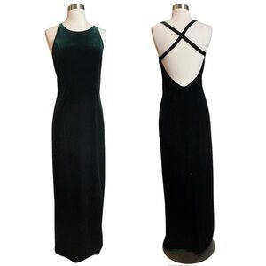 Vintage 90's Nadine Hunter Green Velvet Open Cross Back Maxi Dress Size Small